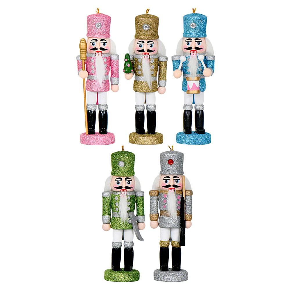 Nutcracker Figurine - 5個セット くるみ割り人形 ソルジャー クリスマスオーナメント 小さな木製吊り下げ装飾 グリッターホリデーフィギュア