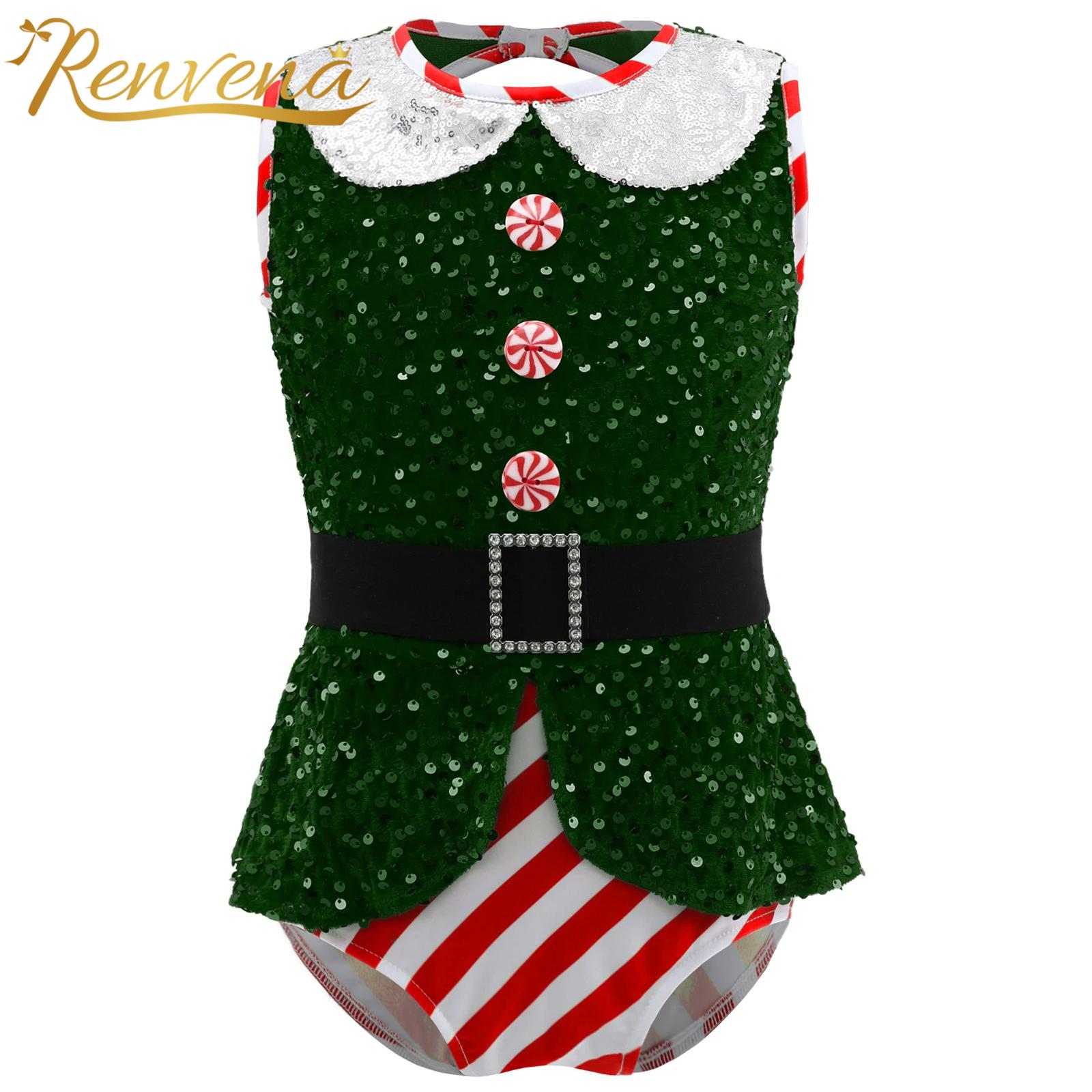 Elf Costume Christmas - 女の子キラキラスパンコールジャンプスーツノースリーブボディスーツクリスマスエルフコスチュームボディスーツジャンプスーツ子供ダンス新年クリスマス衣装