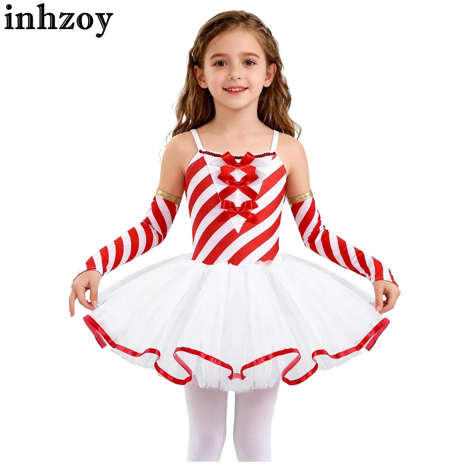 Elf Costume Christmas - 子供女の子クリスマスパーティーダンスドレスノースリーブキャンディケインストライプメッシュバレエチュチュ袖付きクリスマスサンタエルフコスチューム