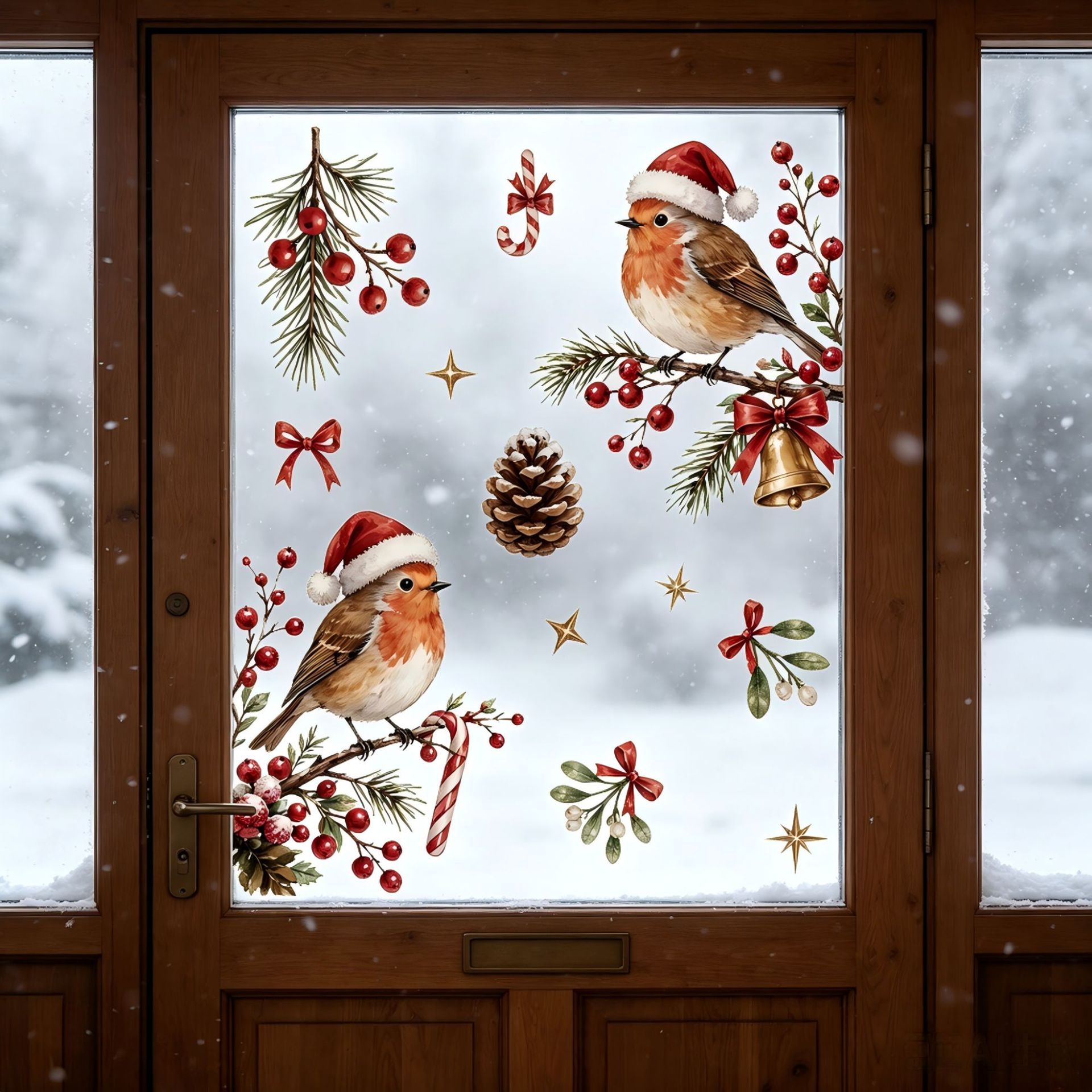 クリスマスの雰囲気を演出するウィンドウデカール、漫画の鳥、松 - Snowflake Window Decal のレビューと価格