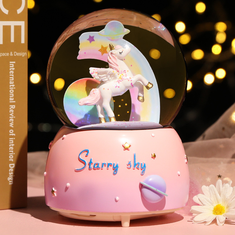 新しいクリスタルボールオルゴールガールハートユニコーン発光ス - Snow Globe Musical のレビューと価格